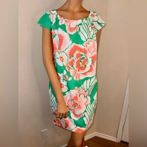 Lilly Pulitzer Green Pink Floral Shift Dress Cotton Resort Preppy M